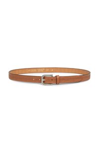 Cintura in pelle marrone con texture a spina di pesce, fibbia in tonalità argento e cinque fori di regolazione. Fabbricata in Italia.