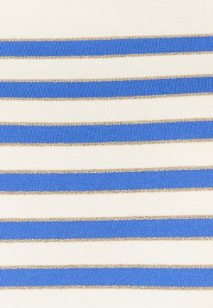 Tela a rayas con franjas metálicas de azul y dorado alternas sobre un fondo crema, con una textura suave y lisa.