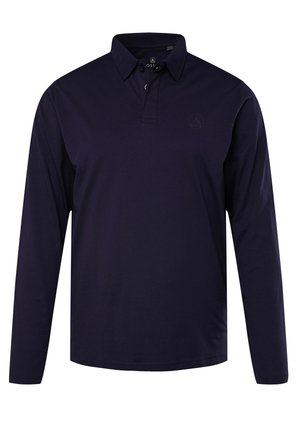 Marineblå langærmet polo skjorte lavet af bomuld. Har en klassisk krave, tre knapper og et subtilt logo på brystet. Glat tekstur.