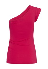 Haut rose vif asymétrique à manches courtes avec un détail froncé sur un côté, présenté sur fond blanc.