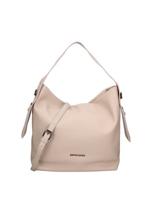 Borsa a tracolla in pelle beige testurizzata con tracolla regolabile e dettaglio del logo. Design morbido e sformato con una silhouette arrotondata.