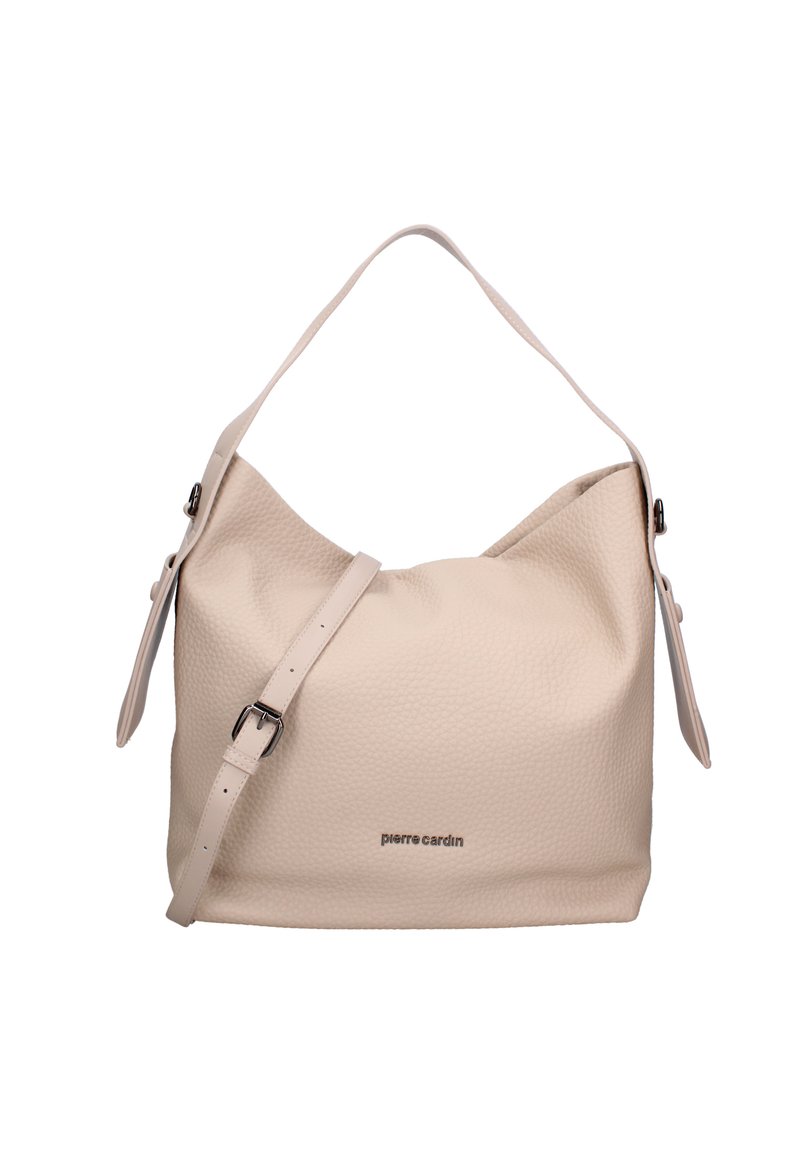 Beige leren handtas met textuur, voorzien van een verstelbare schouderband en logodetail. Zacht, slonsig ontwerp met een afgeronde silhouet.