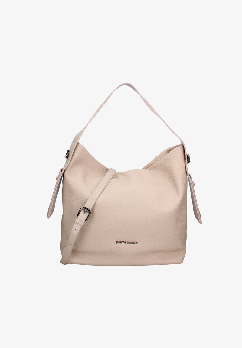 Beige leren handtas met textuur, voorzien van een verstelbare schouderband en logodetail. Zacht, slonsig ontwerp met een afgeronde silhouet.