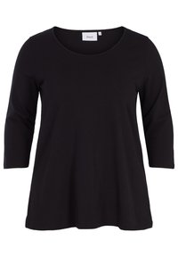 Black tunic top made of soft cotton, featuring a round neckline, three-quarter sleeves, and a loose, A-line silhouette. Zizzi label visible.