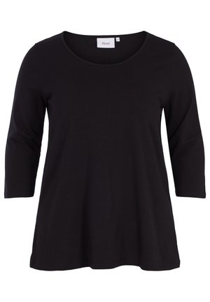 Black tunic top made of soft cotton, featuring a round neckline, three-quarter sleeves, and a loose, A-line silhouette. Zizzi label visible.