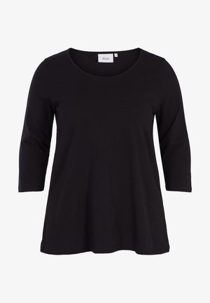 Schwarzes Tunika-Top aus weichem Baumwollstoff, mit Rundhalsausschnitt, drei Viertelärmeln und legerer, A-Linien-Silhouette. Zizzi-Label sichtbar.