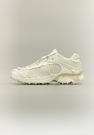Chaussure de sport Salomon beige et crème avec panneaux en mesh, semelle robuste et système de laçage rapide, vue de profil latéral.