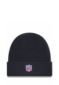 Black knit beanie with a ribbed texture, featuring a folded cuff and embroidered NFL logo in red and blue on the front.
