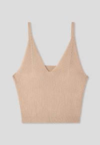 Top corto a coste beige con spalline regolabili sottili e scollatura a V profonda. Tessuto morbido e testurizzato con una silhouette aderente.
