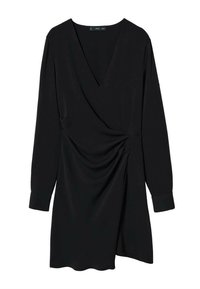 Schwarzes langärmliges Wickelkleid mit V-Ausschnitt und gerafftem Detail auf der rechten Seite, knielang.