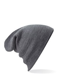 Gray knitted beanie hat with a relaxed fit, soft texture, slightly slouchy silhouette, and no visible patterns or hardware details.