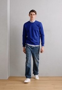 Felpa blu con maniche lunghe e collo rotondo, camicia bianca con colletto sotto, abbinata a jeans azzurri chiari e sneakers bianche.
