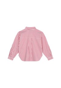 Camisa de manga larga a rayas rojas y blancas, con un cuello clásico, puños con botones, dobladillo curvado y un bolsillo en la parte posterior.