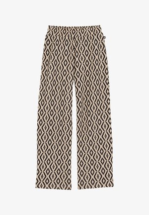 Kalhoty s širokým střihem vyrobené z tkaniny s tkaným vzorem, který má krémové pozadí s geometrickým diamantovým vzorem v černé a hnědé barvě. Zahrnut elastický pas.