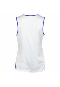 Witte mouwloze sporttrui met blauwe accenten, voorzien van een ademende mesh structuur en een ronde hals. Eenvoudig en functioneel ontwerp.