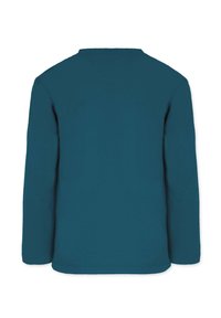 Long-sleeve, crew-neck shirt in solid teal color. Made of soft fabric with a smooth texture and straight hem. No visible patterns or accents.