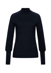 Marineblaues Langarm-Strickpullover mit Stehkragen sowie gerippten Bündchen und Saum, auf einem weißen Hintergrund präsentiert.