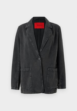 Black denim blazer with a notched lapel, single button closure, two front pockets, and a red branded label inside. Textured fabric.