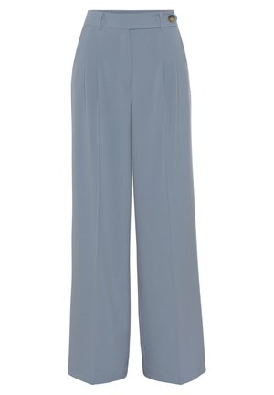Light blue wide-leg trousers made of smooth fabric, featuring front pleats and a single button closure on the waistband.