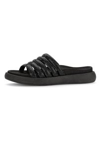 Svarte sandaler med sklie med fire teksturerte stoffstropper, en polstret såle og en slitesterk gummisåle. Glatt finish med et minimalistisk design.