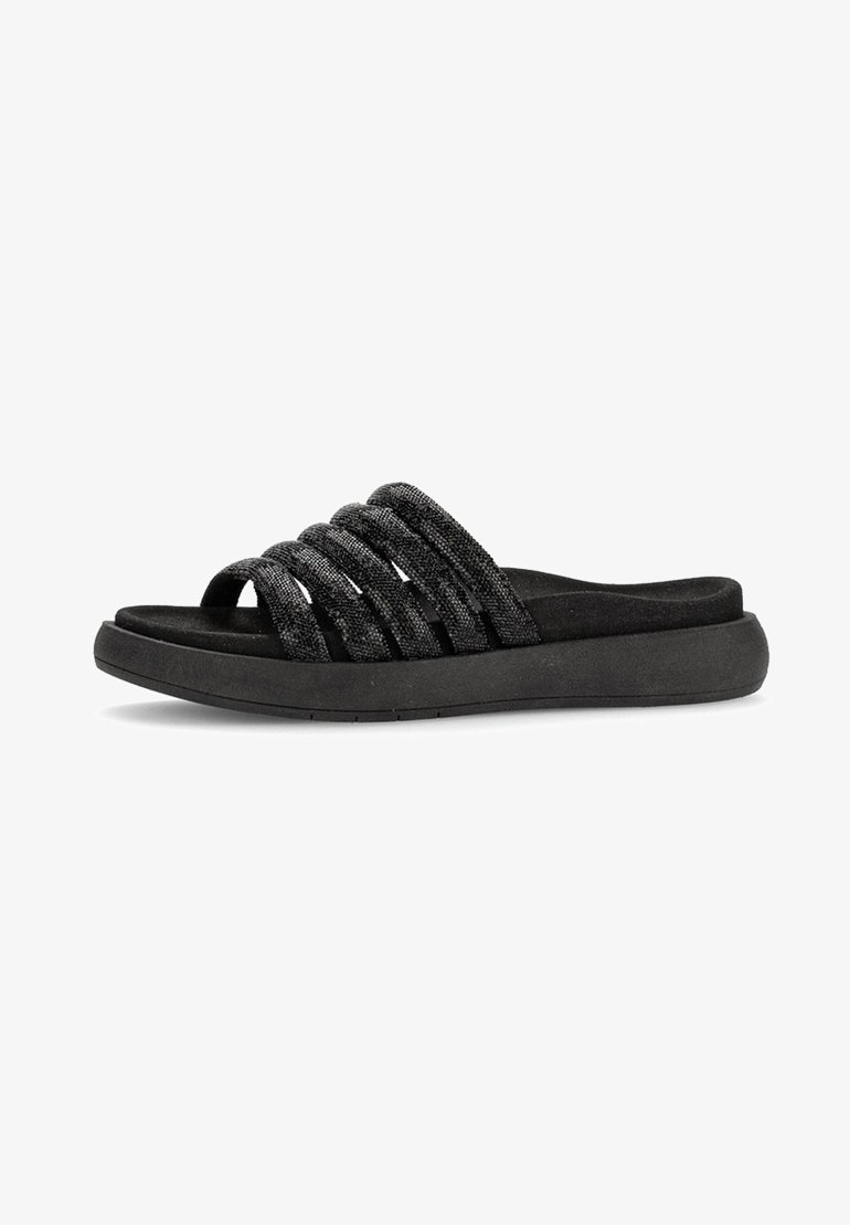 Black slide sandals with four textured fabric straps, a cushioned footbed, and a durable rubber sole. Smooth finish with a minimal design.
