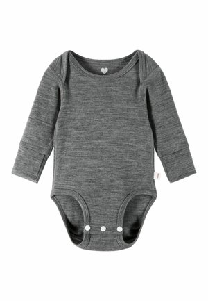 Long-sleeve gray bodysuit made of soft cotton, featuring a rounded neckline, snap closure at the bottom, and a small heart tag inside.