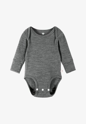 Langärmliger grauer Bodysuit aus weicher Baumwolle mit rundem Ausschnitt, Druckknopfverschluss am unteren Ende und einem kleinen Herzanhänger innen.