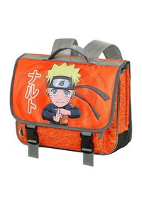 Sac messenger orange avec des accents gris, présentant un personnage de dessin animé à l'avant, des fermetures doubles et un motif de nuages stylisés.