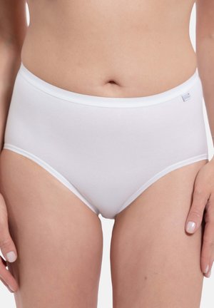 White cotton high-waisted underwear with a smooth texture, a soft elastic waistband, and a small tag on the side. Classic design.