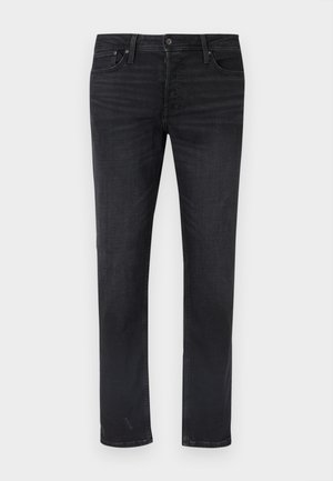 Schwarze Jeans aus Denim mit geradem Bein, ausgestattet mit fünf Taschen, einem Taillenbund in mittlerer Höhe und dezenten Verwaschungseffekten.