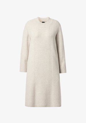 Light beige knit dress with a round neckline, ribbed texture, and three-quarter sleeves. Features vertical cable knit pattern down the front.