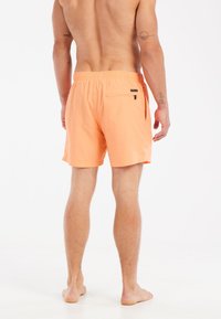 Shorts de bain pour hommes en tissu pêche, avec une taille élastique, une poche zippée au dos et une texture lisse. Coupe classique avec une longueur au-dessus du genou.