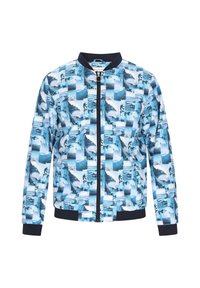 Giacca bomber blu con un motivo a collage fotografico di onde e spiaggia, polsini e orlo a coste in blu navy, e chiusura con zip frontale.