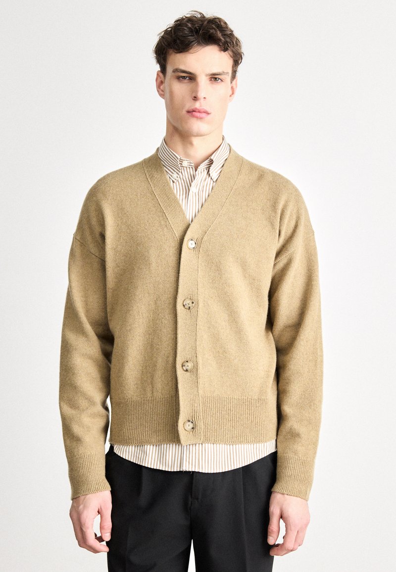 Bēša ķemmdžempera jakas stils ar V-veida kaklu, piecām pogām un ribotiem aprocēm. Slāņots virs gaiši svītrainas krekla, attēlots uz vienkārša fona.