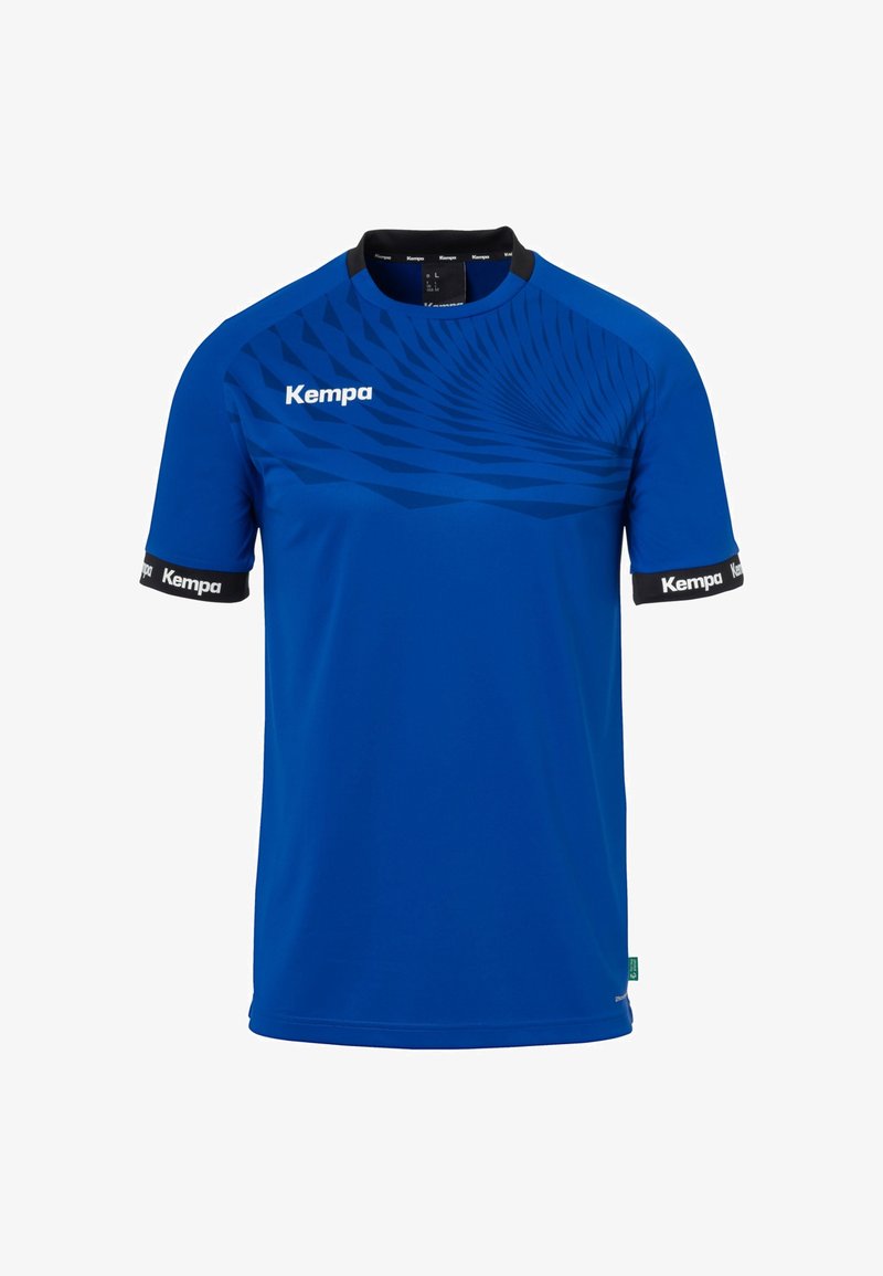 Maglietta atletica blu con motivo a spirale testurizzato, accenti neri sulle maniche e sul colletto, con marchio "Kempa".