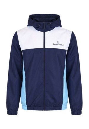 Laivastonsininen, valkoinen ja vaaleansininen hupparituulipuku, jossa edessä vetoketju ja Sergio Tacchinin logo rinnassa.