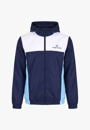 Laivastonsininen, valkoinen ja vaaleansininen hupparituulipuku, jossa edessä vetoketju ja Sergio Tacchinin logo rinnassa.