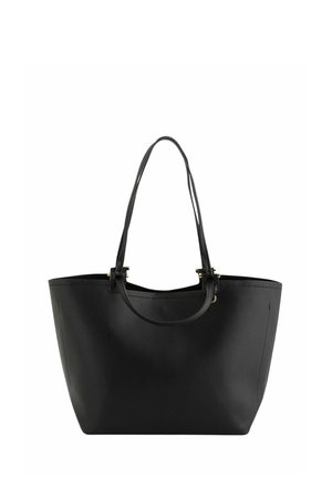 Sac fourre-tout en cuir noir avec deux longues anses et un design simple et structuré sur fond blanc.