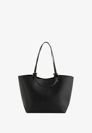 Sac fourre-tout en cuir noir avec deux longues anses et un design simple et structuré sur fond blanc.