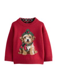 Pull en tricot rouge avec une image texturée d'un chien portant un chapeau et une écharpe verts, avec des poignets et un ourlet côtelés.