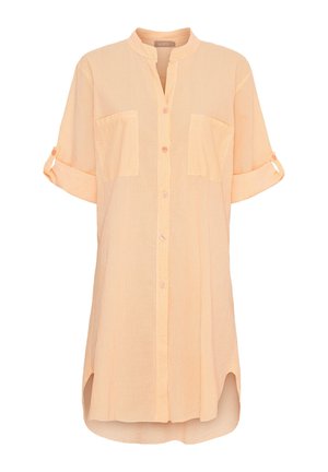 Kortærmet button-up skjorte i lys orange med tynde hvide striber. Har to frontlommer og en buet kant. Lavet af letvægtsstof.