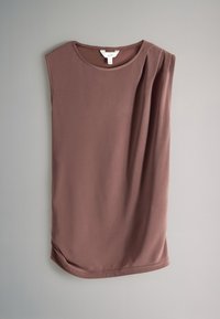 Brown sleeveless top made of a smooth, soft fabric with a draped detail on one side and a rounded hem. Label visible inside neckline.