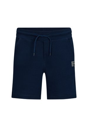 Navyblauwe shorts van een textuurstof, met een elastische tailleband, verstelbaar trekkoord en zijzakken. Heeft een klein label aan de voorkant.