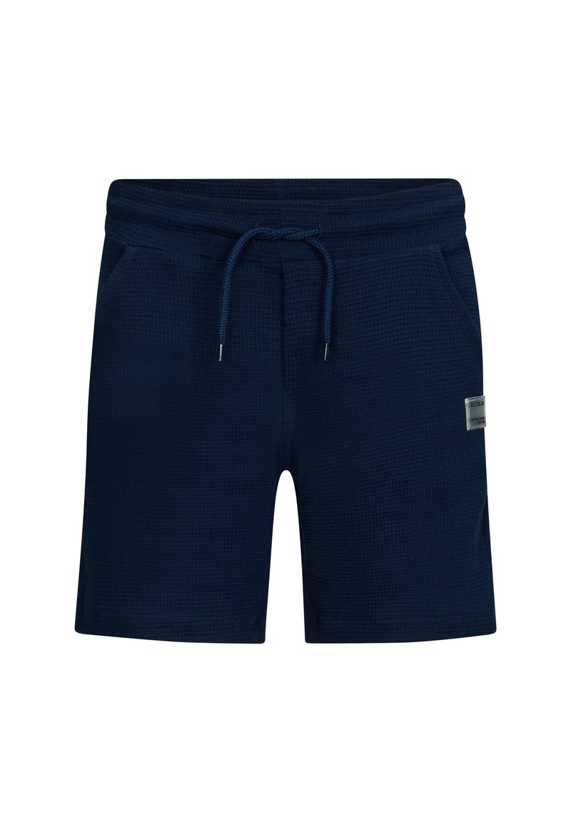 Marineblaue Shorts aus strukturiertem Stoff, mit elastischem Bund, verstellbarem Kordelzug und Seitentaschen. Mit einem kleinen Label auf der Vorderseite.