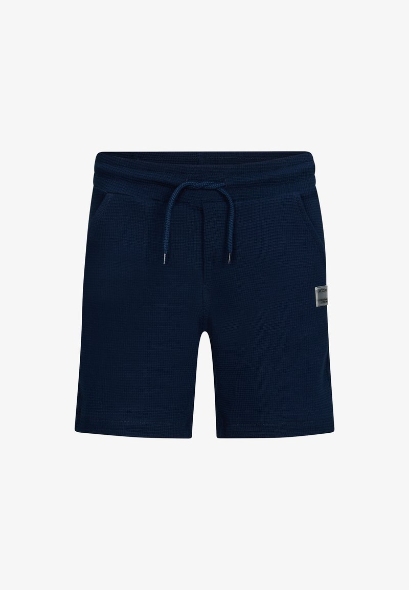 Marineblaue Shorts aus strukturiertem Stoff, mit elastischem Bund, verstellbarem Kordelzug und Seitentaschen. Mit einem kleinen Label auf der Vorderseite.