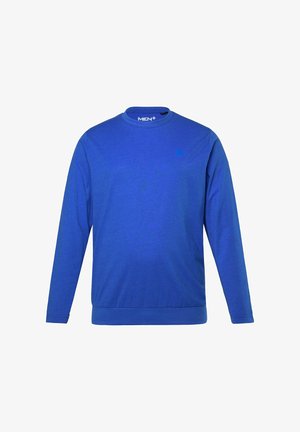 Blauer langärmliger Rundhalsausschnitt-Sweatshirt mit gerippten Bündchen und Saum, kleinem "M"-Logo auf der Brust und "MEN+"-Etikett im Kragen.