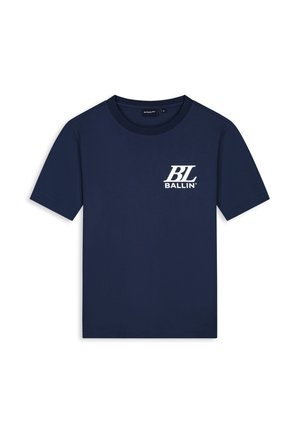 Navy blue short-sleeve T-shirt with crew neck and white "BL Ballin'" logo on left chest.