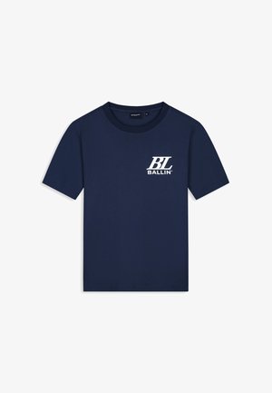 Navy blue short-sleeve T-shirt with crew neck and white "BL Ballin'" logo on left chest.