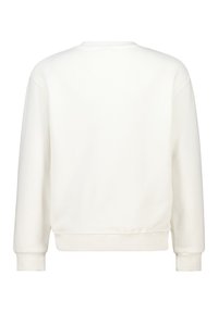 Sudadera blanca de cuello redondo, de manga larga, con puños y dobladillo acanalados. Textura suave, diseño minimalista, sin logotipos visibles.