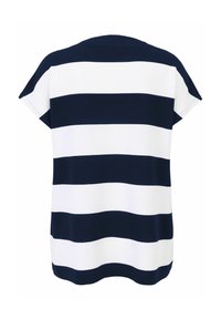 Gestreiftes Kurzarmtop in Marineblau und Weiß mit rundem Ausschnitt. Hergestellt aus weichem, atmungsaktivem Stoff, mit lässiger Passform und seitlichen Schlitzchen.